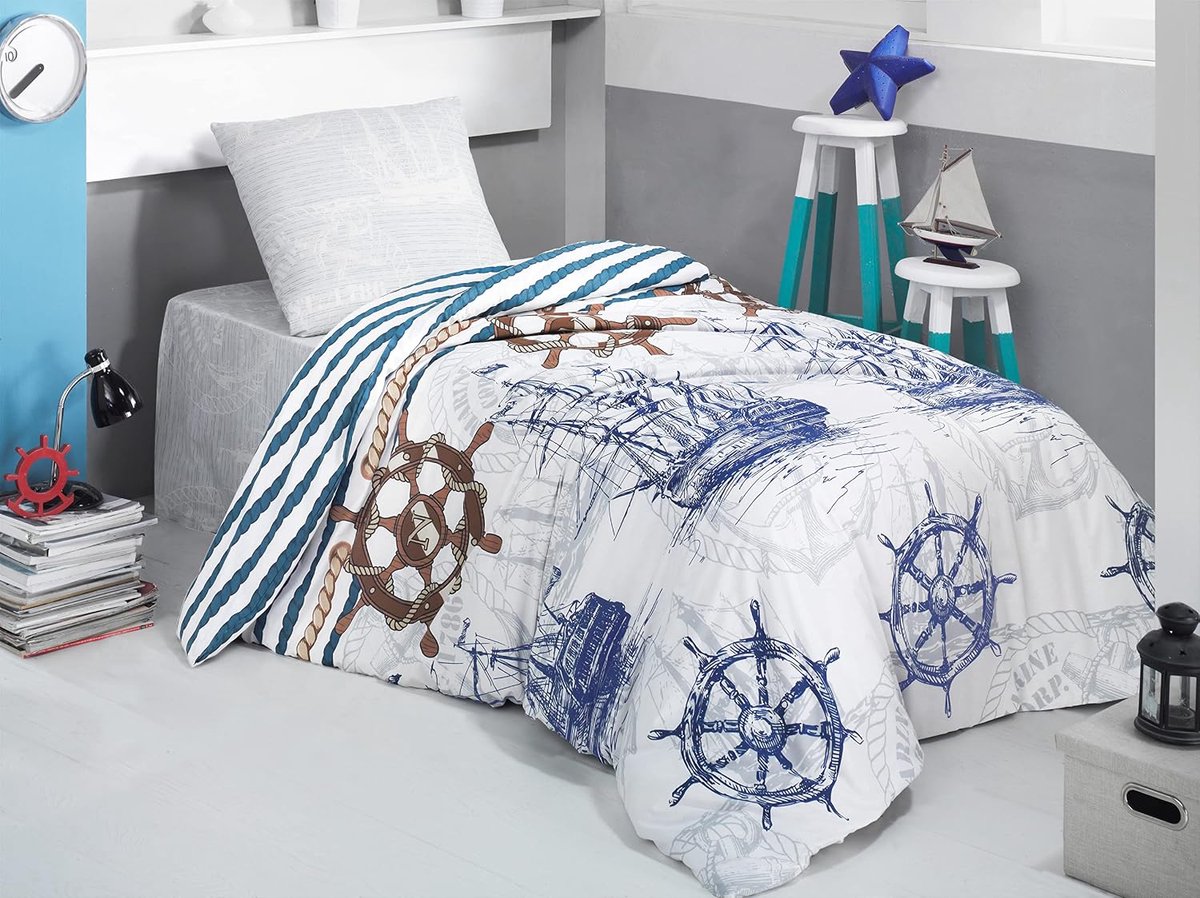Kinderbeddengoed 135 x 200 cm, 100% katoen, met ritssluiting (marineblauw, 135 x 200 cm) zeilschip en ankerdesign