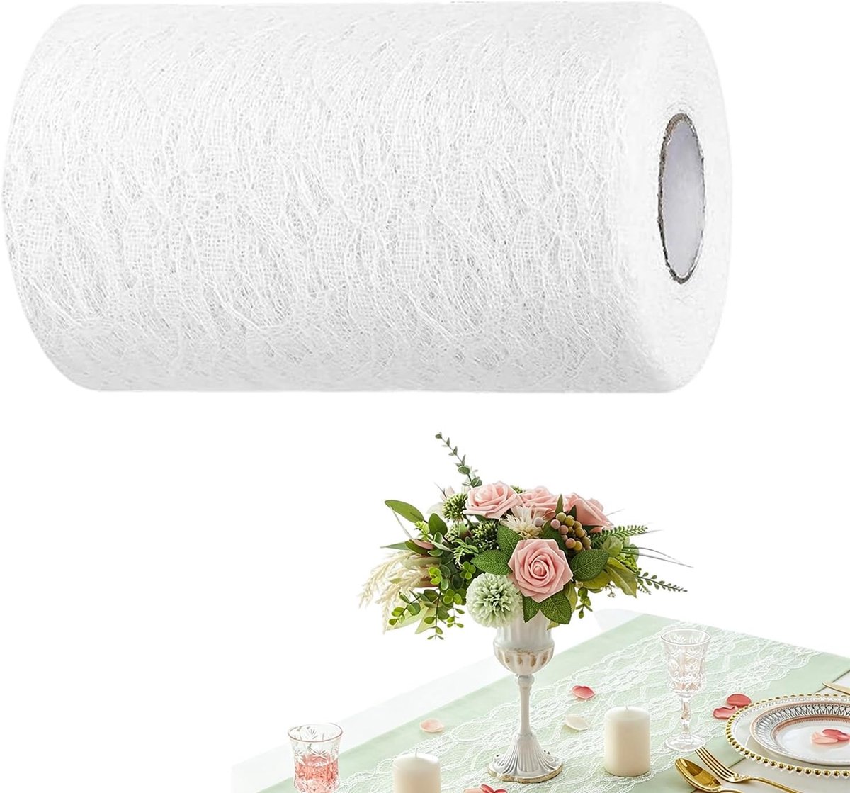 Kanten lint, wit, 15 cm x 30 m, rol als tafelloper, afwasbaar