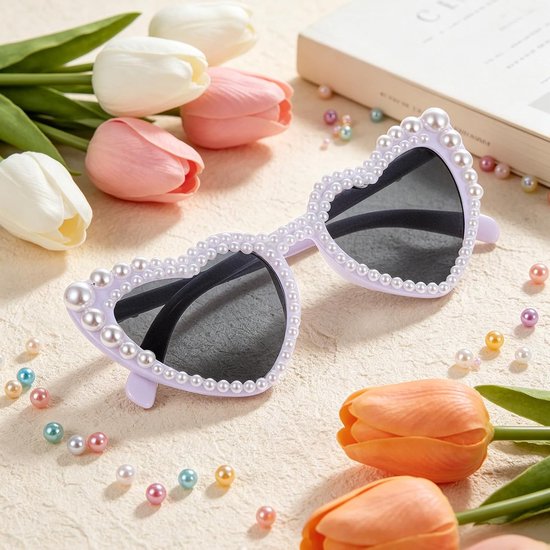 Zonnebril hart, zonnebril bruiloft hart zonnebril wit mode zonnebril hartvorm met parels JGA accessoires vrouwen voor bruiloft party reizen — afbeelding 5