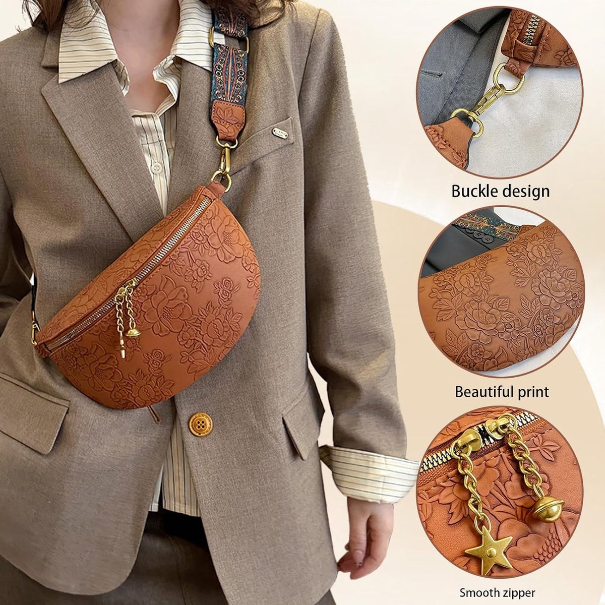 Heuptas voor dames, lederen, heuptas voor dames met verstelbare schouderband, crossbody tas, schoudertas, stijlvolle heuptas, handtas, voor vrouwen, bruin, 24.5x16x8cm