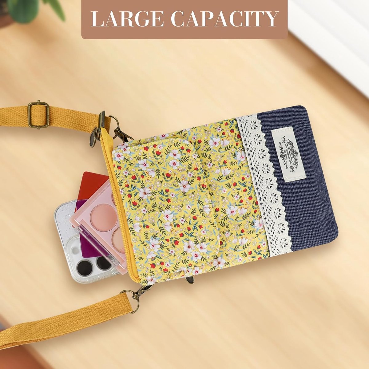 Bloemenpatroon mobiele telefoon om te hangen, kleine schoudertas voor mobiele telefoon met 3-laagse zakken, katoenen tas voor mobiele telefoon met afneembare schouderriem voor winkelen