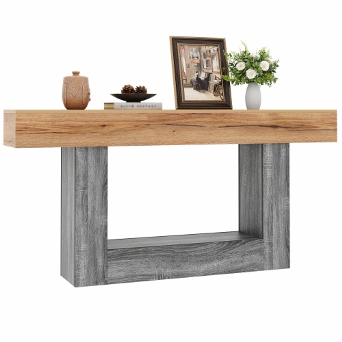 Tweekleurige consoletafel in houtlook – stevig dik tafelblad & onderste legplank, ideaal voor hal of woonkamer, van spaanplaat