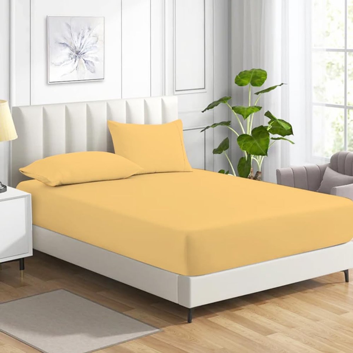 Omgoods - Fitted Sheet, 100% Egyptisch Katoen, 200 Draadcount, Oker/Gele Kleur, Super King