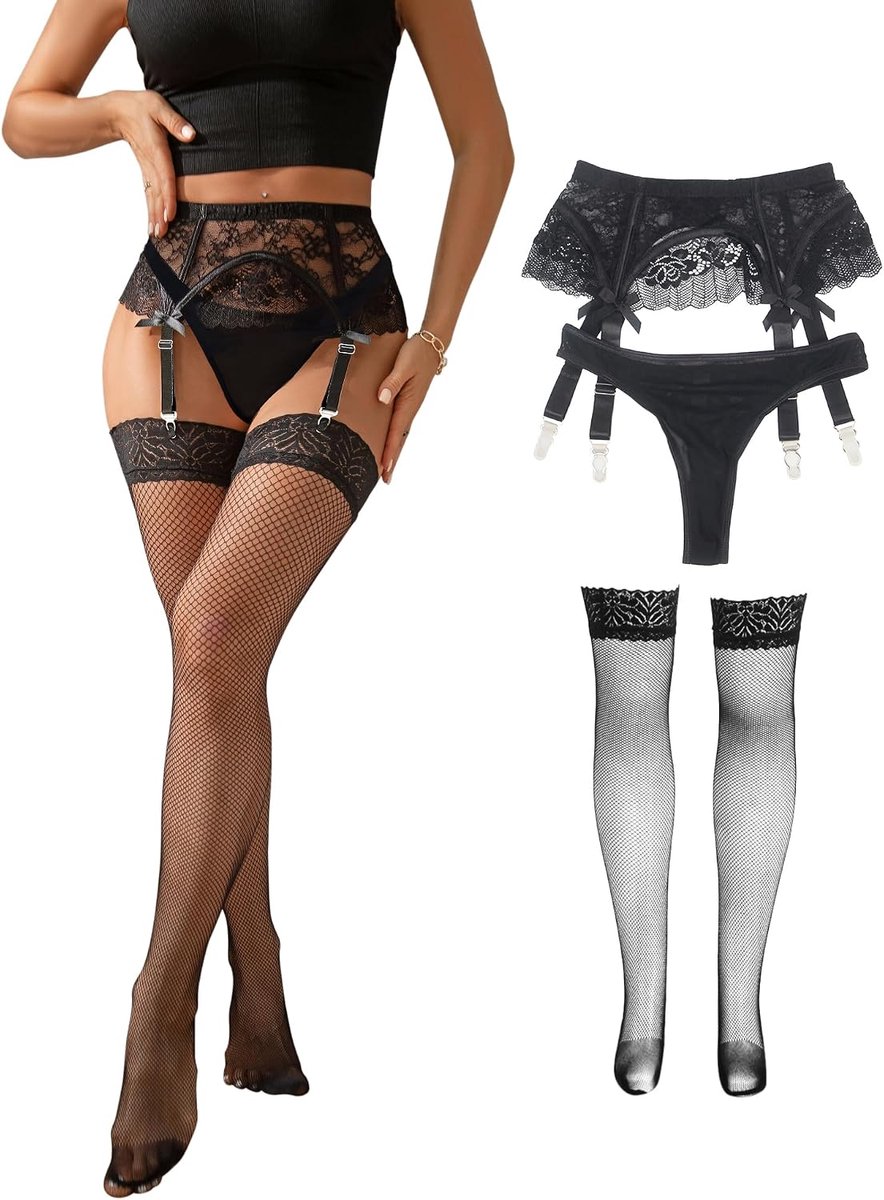 ohmydear Jarretelgordel voor dames, kant, jarretelgordel met 4 clips, jarretelhouder, grote maten, sexy jarretelgordel met kousenhouder, lingerieset, hoge taille, tuinriem, jarretelset met panty, voor