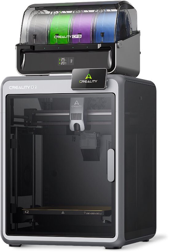 Imprimante 3D Creality K2 avec le distributeur de filament CFS sur le dessus. Design épuré gris et noir avec une touche de vert.