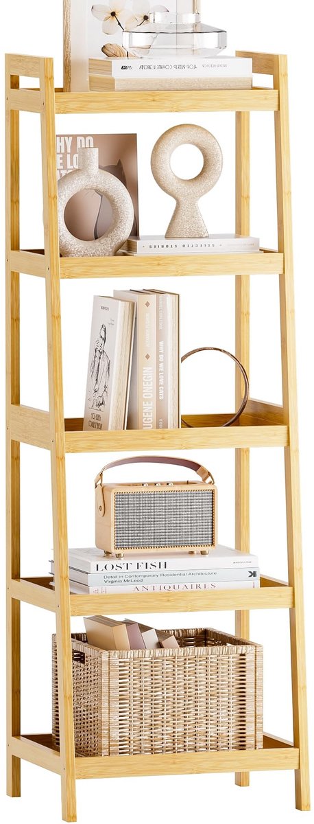 Omgoods - Bamboe Ladder Boekenkast, 5 Laags Vrijstaande Plankenkast