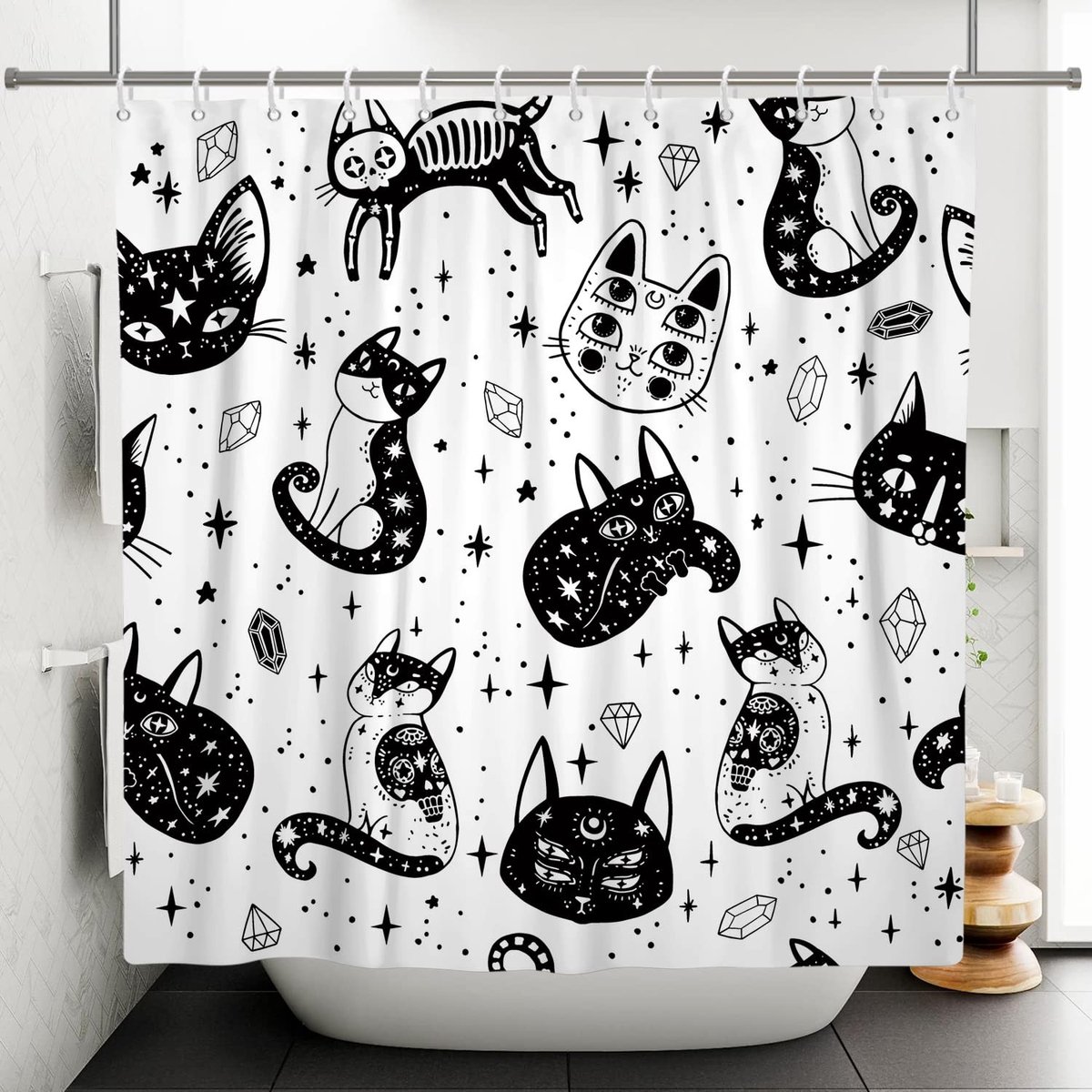 Omgoods - Douchgordijn met Abstract Kat en Sterren 180 x 180 cm