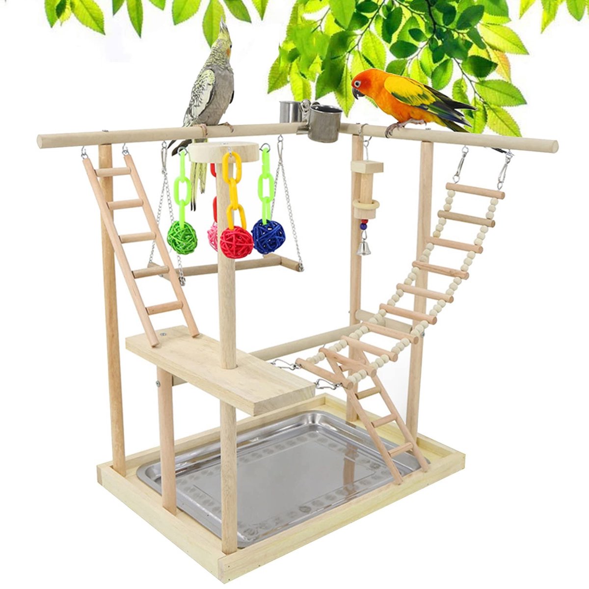 Omgoods - Houten Vogel Speelplaats met RVS Voederbekers