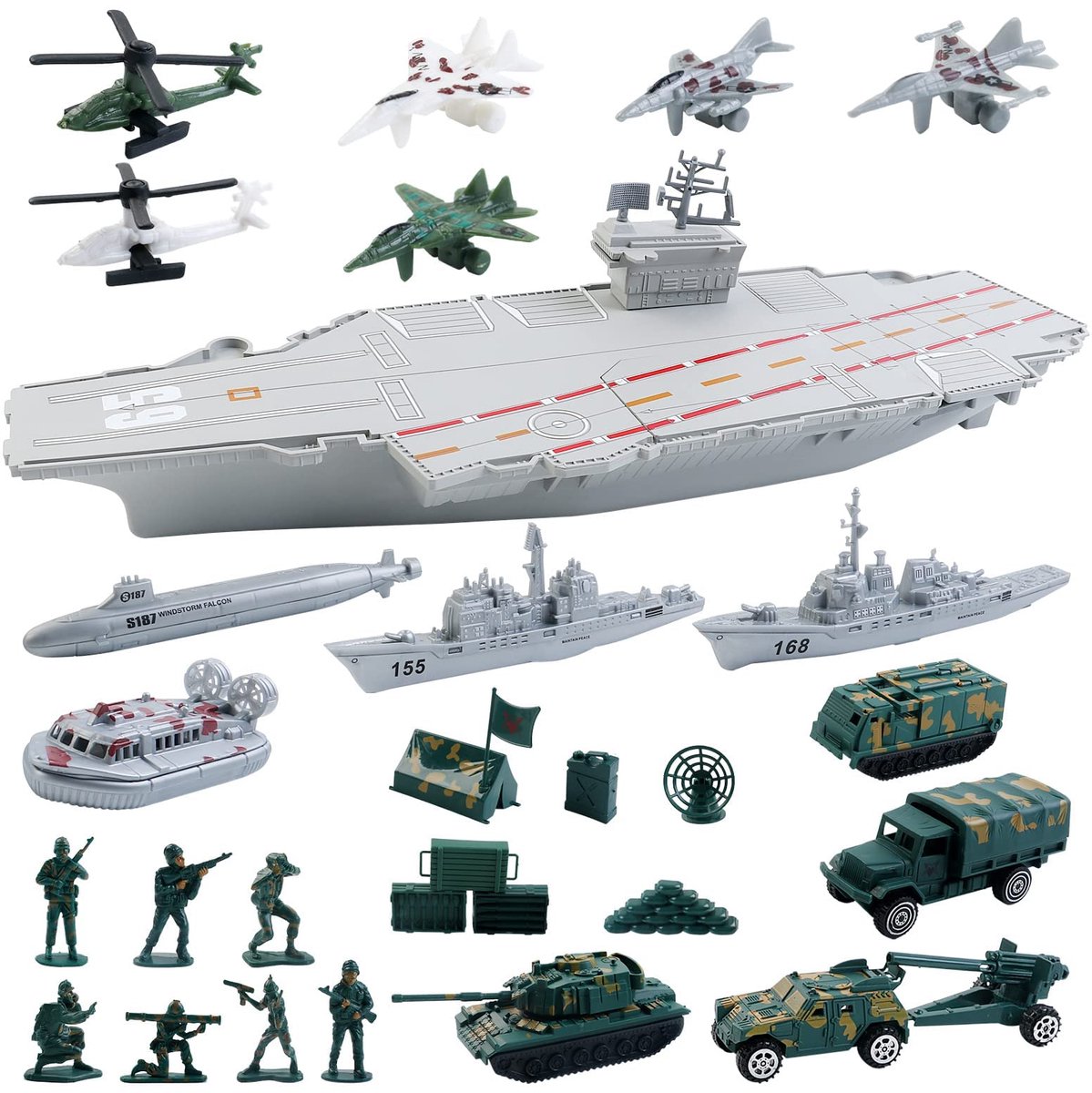 Omgoods- Vliegtuigdrager 28-delig - Speelgoed met schaalgetrouwe modellen - Gevechtsvliegtuigen/onderzeeër - Oorlogsschepen/militaire voertuigen - Lichtgewicht en veilig materiaal - Uren plezier voor kinderen - Militair Speelgoed