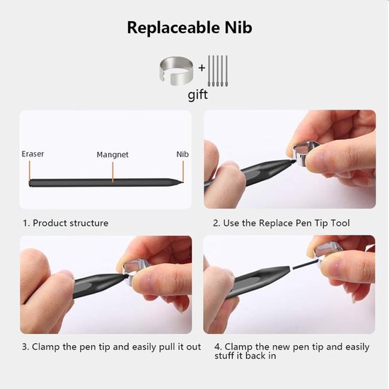 EMR Stylus Pen voor Remarkable 2 met gum, vervangende pen voor Remarkable Digital Paper, alternatief voor marker Plus, 4096 drukgevoeligheid, palmafwijzing, wordt geleverd met 5 penpunten — afbeelding 5