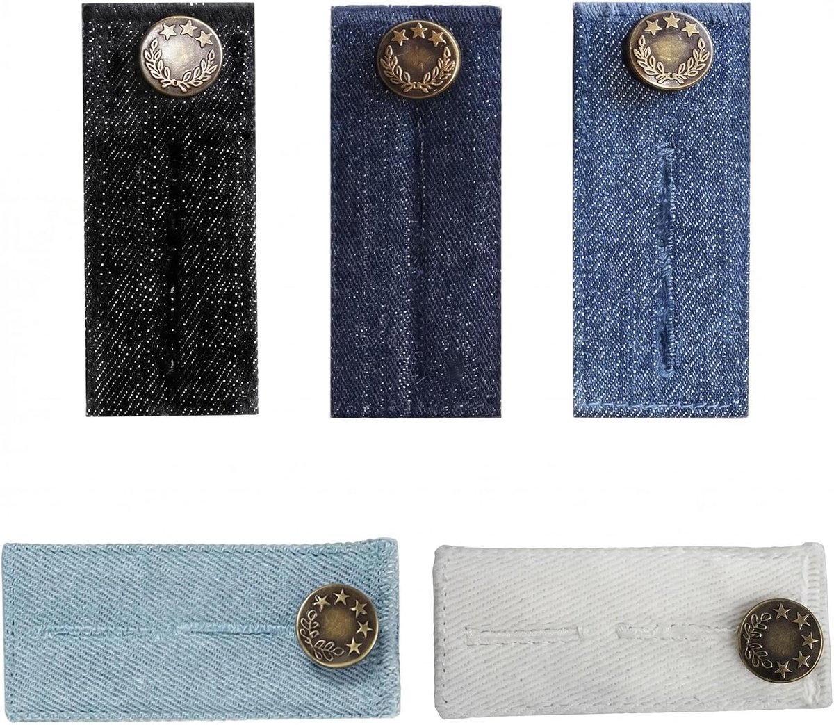 Set van 5 broekverlengers van denim, 2-gaats zwangerschapsbroekverlenging, verstelbare knoopverlenging voor jeans en broeken, tailleverlenging voor dames en heren