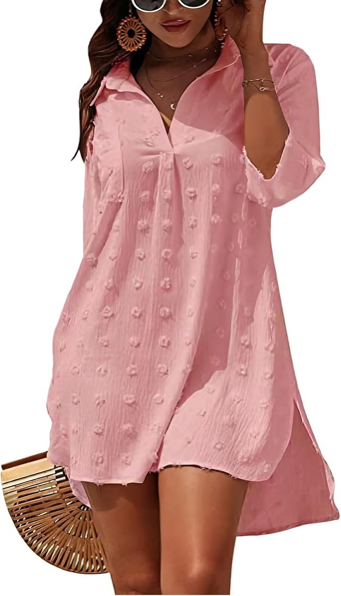 Strandjurk voor dames, bikini cover-up V-hals, katoen, strandtuniek, zomer, pareo's, buttondown, strandponcho, badpak, strand