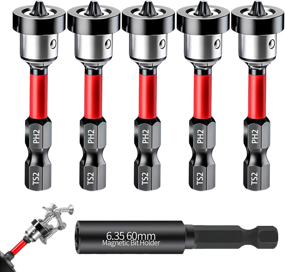 6 stuks droogbouwbits, 1/4 inch zeskantschacht magnetische rigips bit met diepteaanslag, droogbouwschroevendraaierbits PH2, met 60 mm houder, droogbouwschroevendraaier voor gipsplaten
