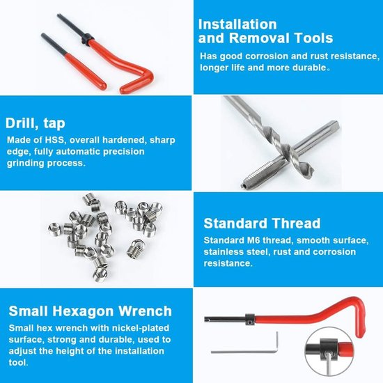 30-delig Schroefdraadreparatieset, M6 x 1,0 mm Compatibel Set voor Intern Schroefdraadreparatie Schroefdraadreparatie Draadinsert Kit Helicoil Schroefdraad/herdraad reparatieset voor Auto — afbeelding 3