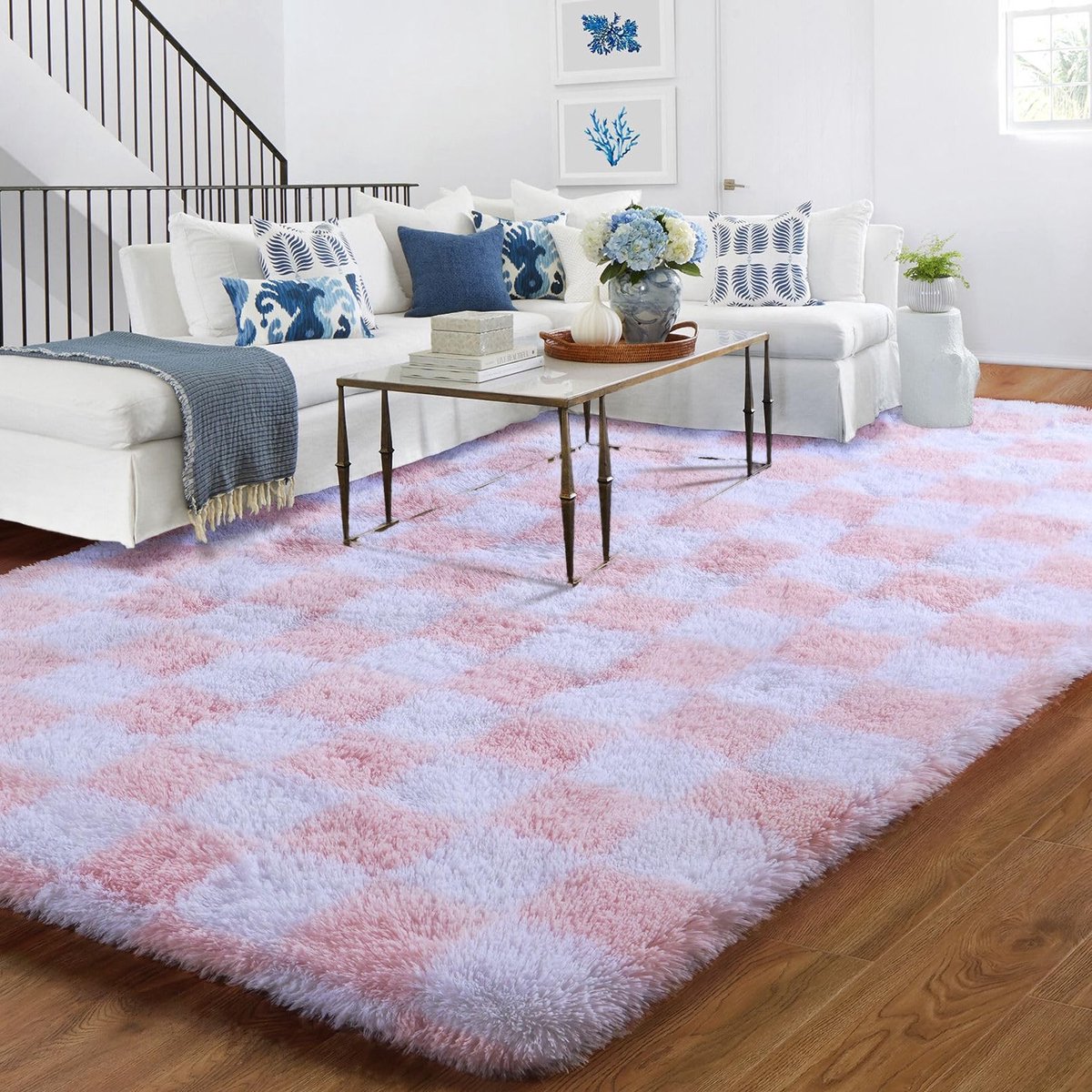 Omgoods - Plaid Vloerkleed Roze en Wit 120x180 cm - Hoogpolig Fluffy en Wasbaar