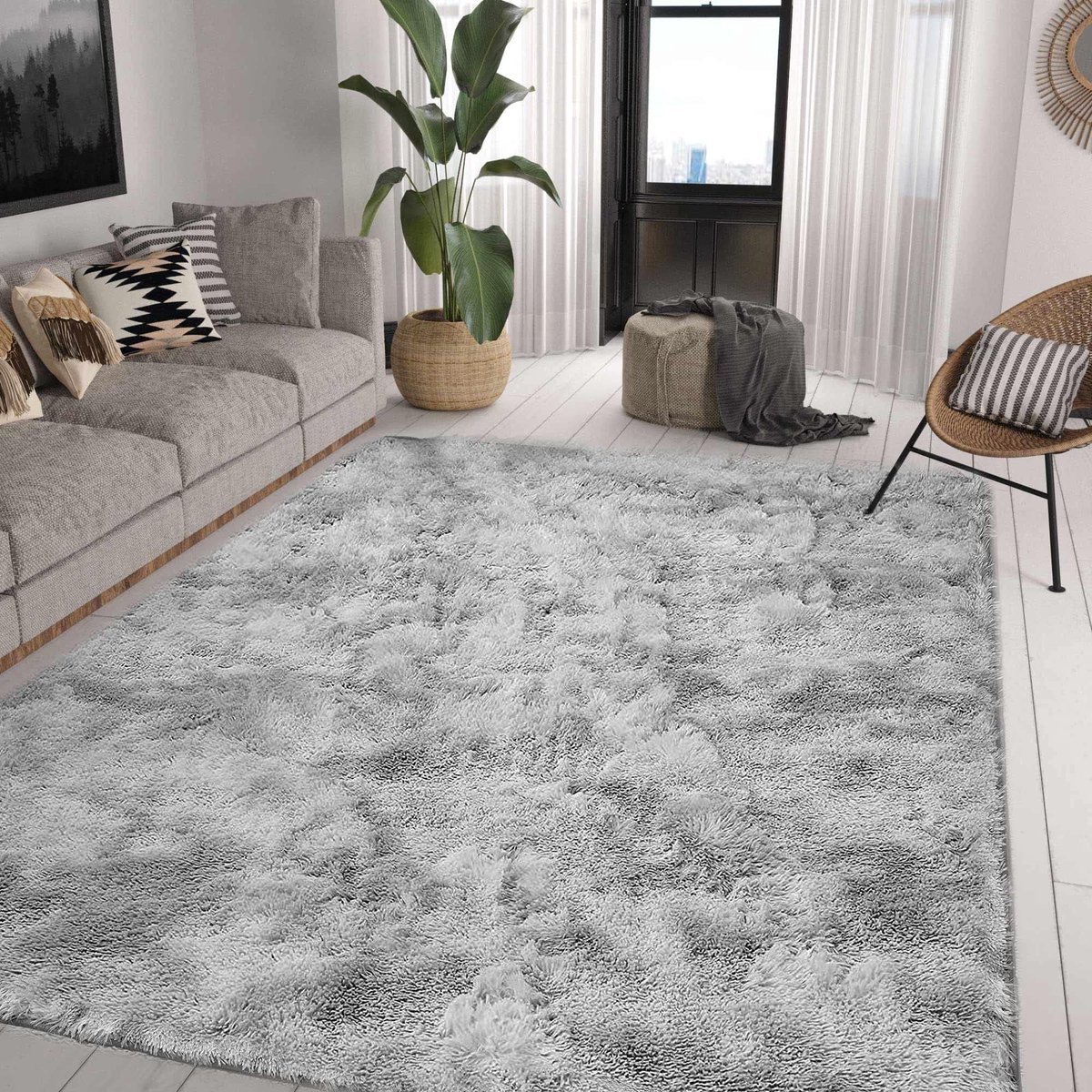 Omgoods - Fluffy Shaggy Vloerkleed voor Woonkamer - Wasbaar en Comfortabel (Wit/Grey, 140 x 200 cm)