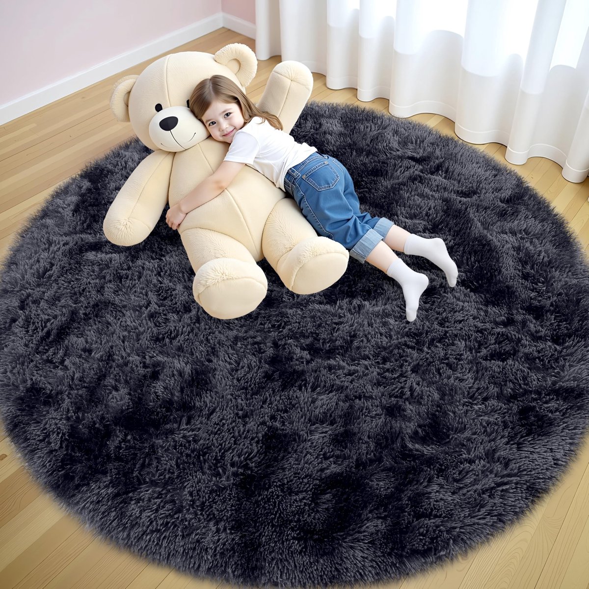 Omgoods - Hoogpolig Vloerkleed - Rond, Donkergrijs - Wasbaar en Antislip, 160 cm