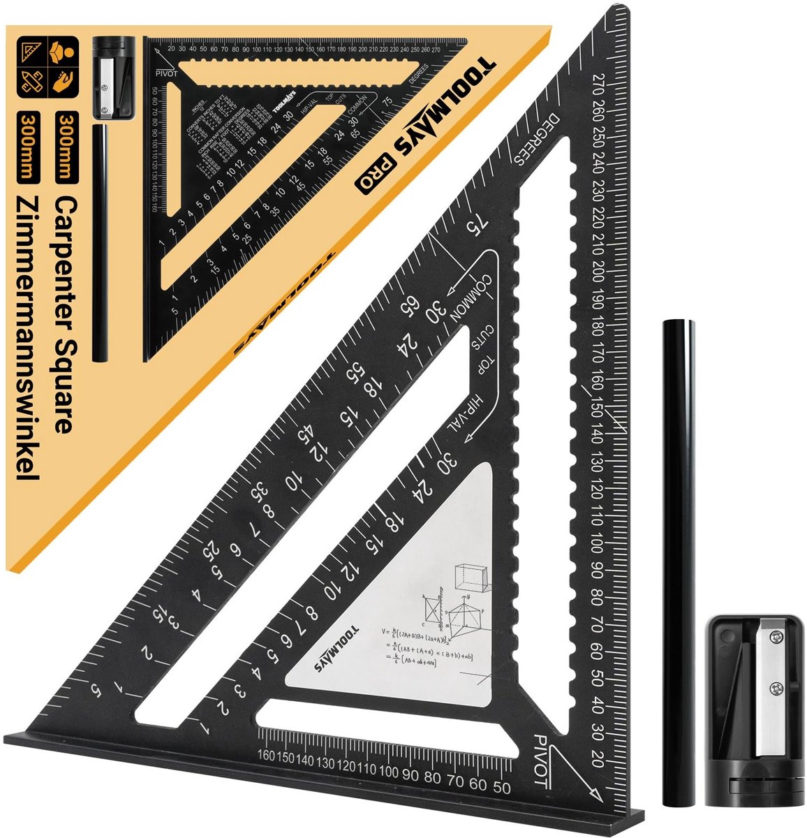 SnelShoppen - Carpenter Corner 300mm Speed Square, Erasable Noteboard, Timmermanspotlood Set met Slijper voor Houtbewerking, Meten en Tekenwerk
