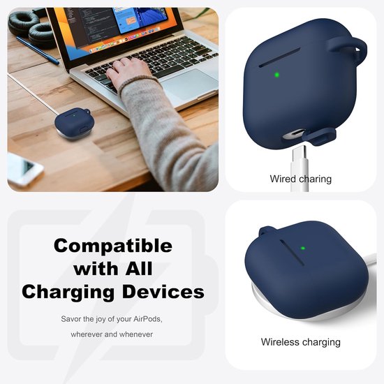 Compatibel met AirPods 3e generatie 2021 Oplaadhoes, Zachte Silicone Beschermhoes Compatibel met Apple Airpod 3 Gen met Schoonmaakset & Sleutelhanger,Middernachtblauw van compatibel — afbeelding 3