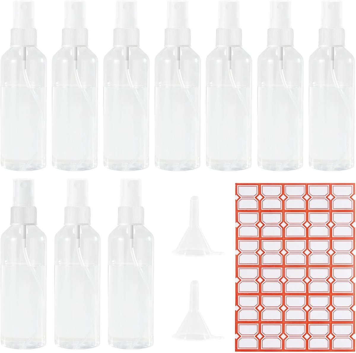 10 stuks kleine spuitflessen, 100 ml, verstuiver, spuitflessen, leeg voor reizen, parfumverstuiver met 2 trechters en etiketten, transparante plastic spuitflessen om te vullen voor parfums