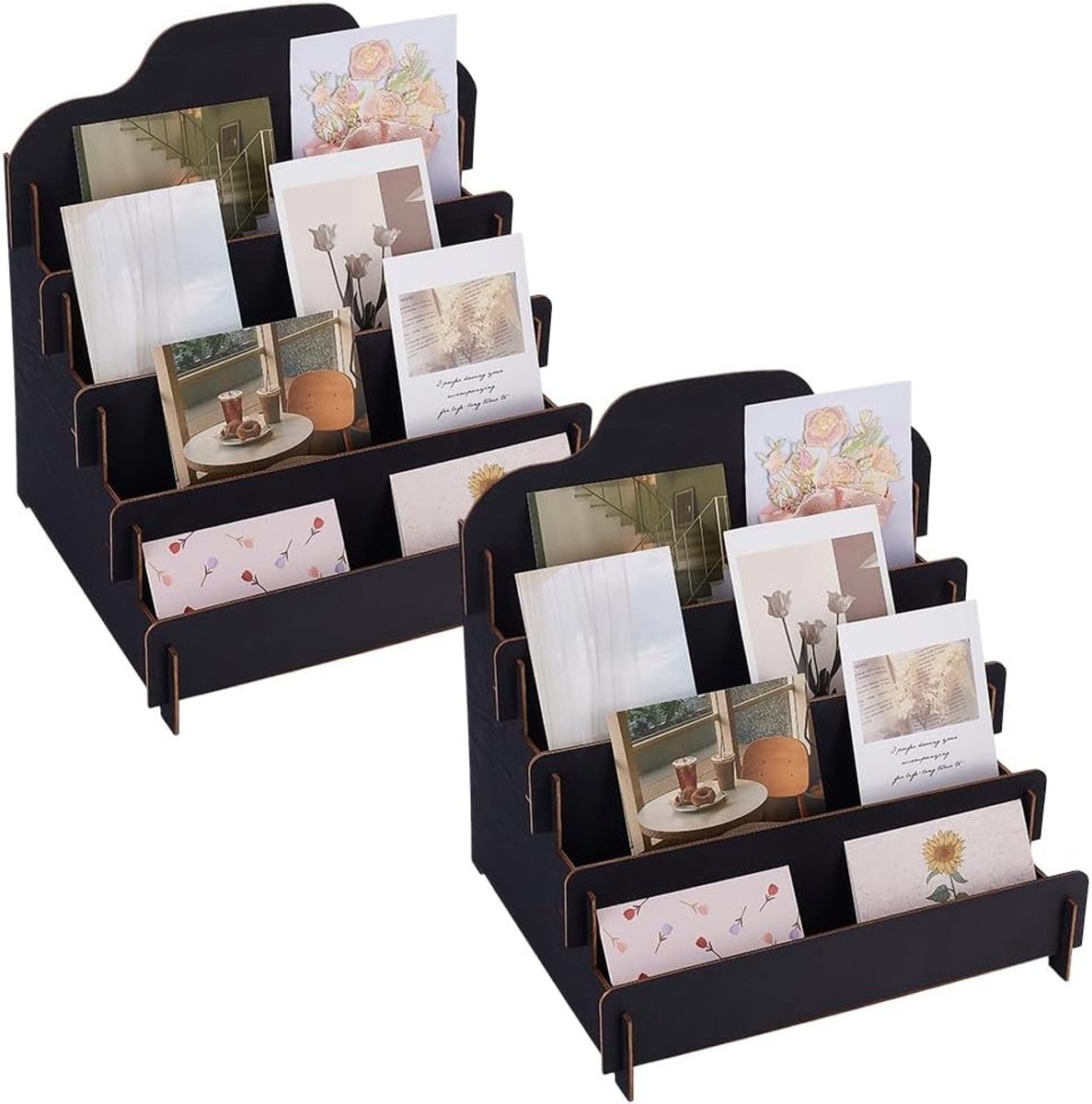 Omgoods - 2-Persoons Houten Wenskaart Display Stand - Zwart Organizer voor Ansichtkaarten