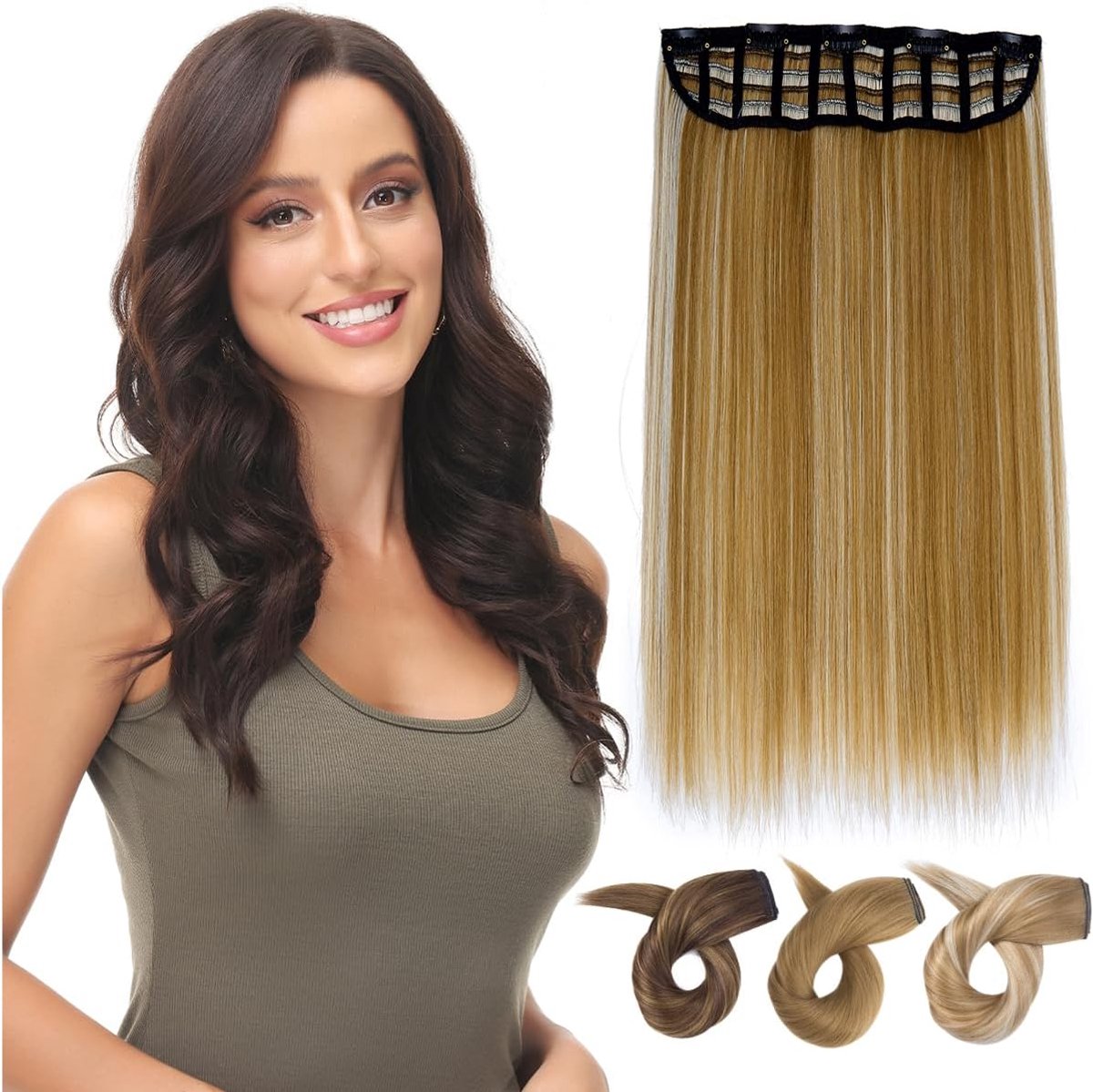 Haarextensies, eendelig, 5 clips, 40 cm, rechte synthetische haarstukjes voor vrouwen, 3/4 volledig hoofd, mesh-gelaagd weft, 1 vlecht, haarverlenging, donkerblond gemengd met gebleekt