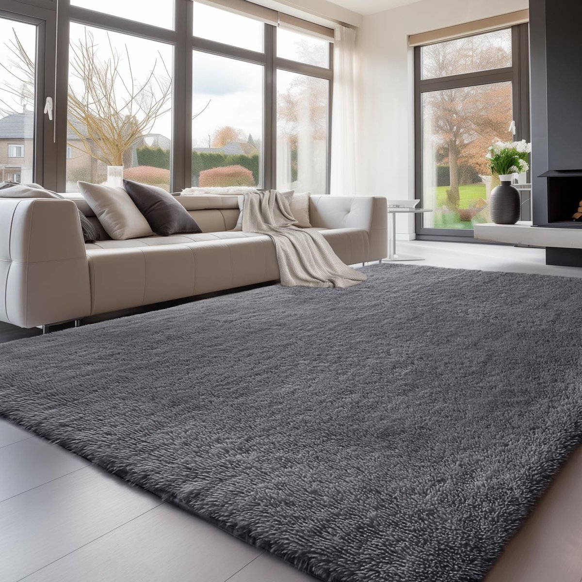 Omgoods - Hoge Pool Tapijt Grijs voor Woonkamer - Wasbaar en Antislip, Fluffy en Modern
