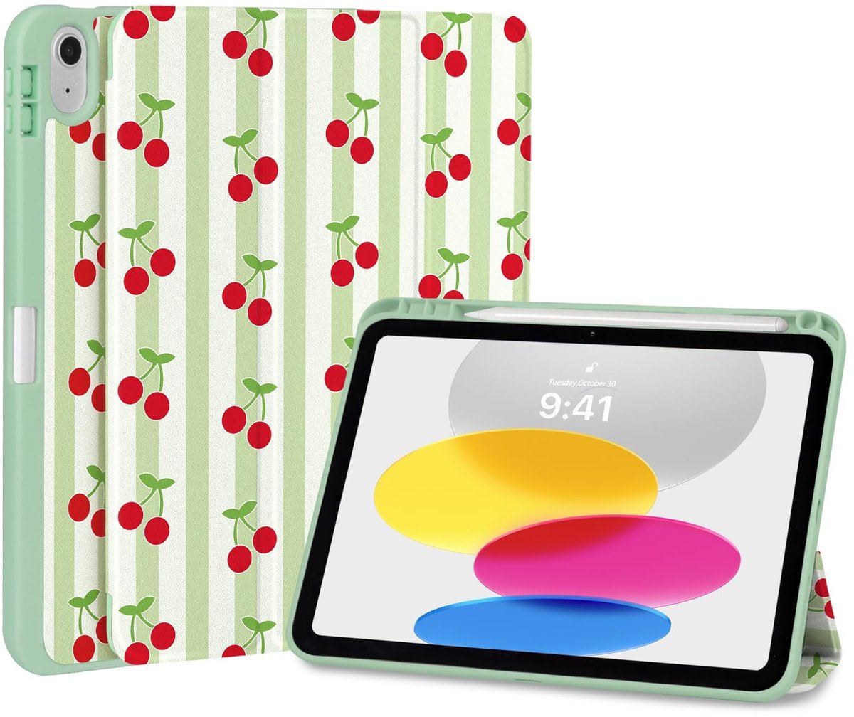 Omgoods - Hoes voor iPad 11e generatie 2025 en 10e generatie 2022 - Roze gestreept kersenpatroon
