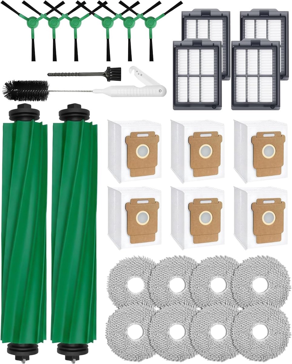 28-Delige Onderdelen Set voor iRobot Roomba Plus 405/505 Combo Robotstofzuiger: 2 Hoofdborstels, 6 Zijborstels, 4 HEPA Filters, 6 Stofzuigerzakken, 8 Doekjes, 2 Borstels