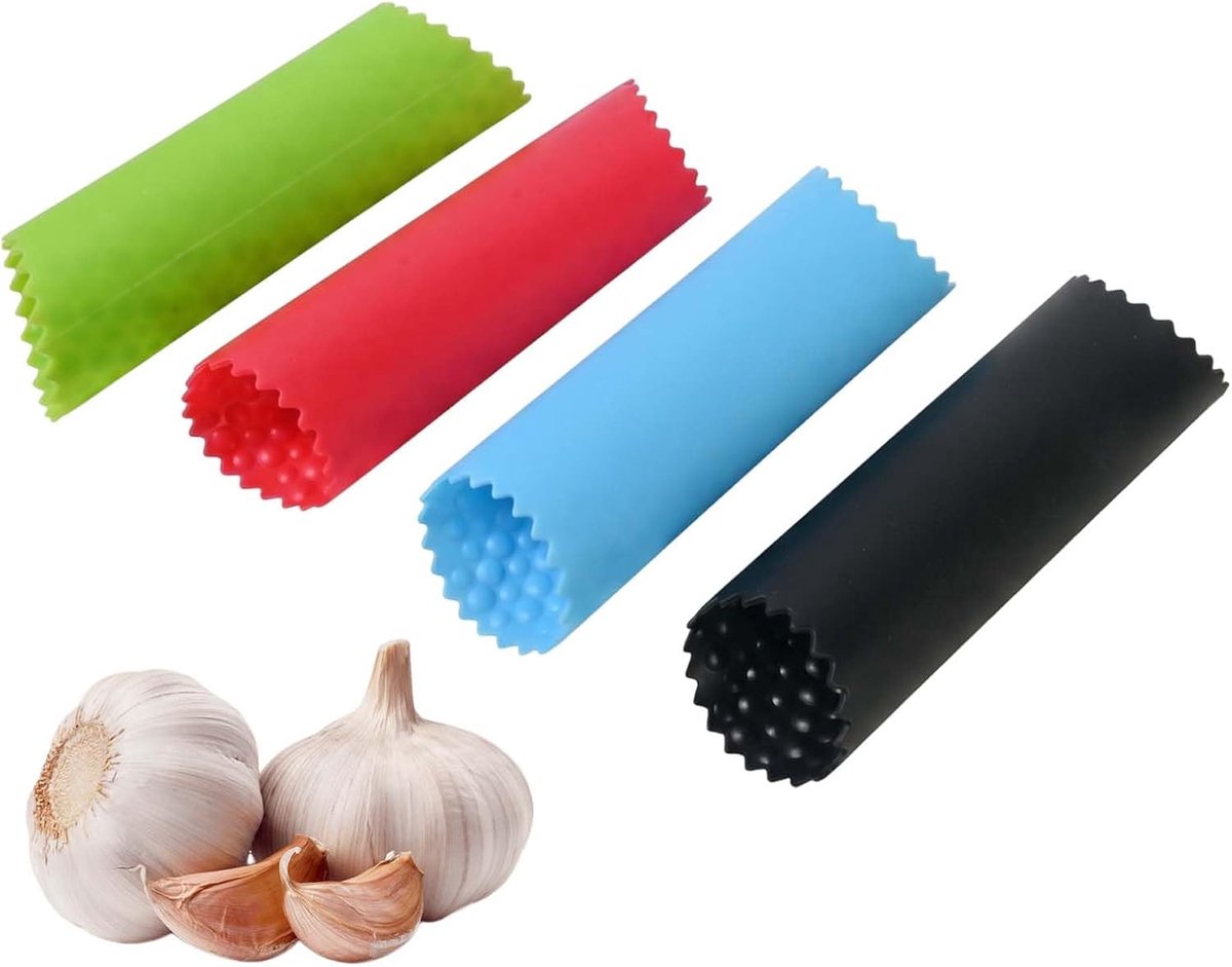 4 Stuks Siliconen Knoflookschiller, Groenteschiller, Knoflookschiller, Knoflookschraper (Rood, Zwart, Groen, Blauw)