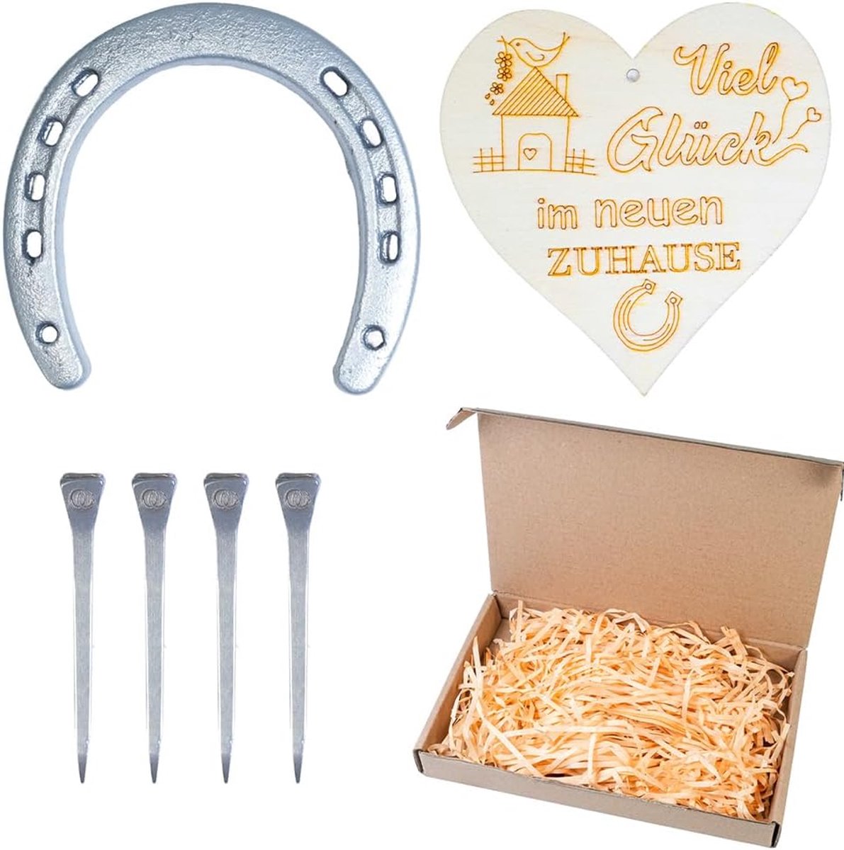 Hoefijzer geluksbrenger cadeauset – housewarmingscadeau voor woning, bruiloft of verjaardag, incl. hoefijzer, spijkers, hartbord & geschenkdoos, zwart (zilver)