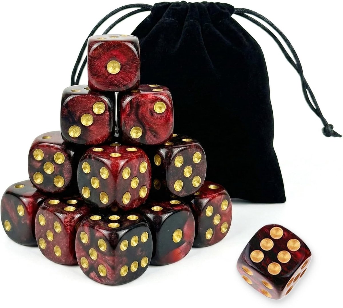 12 speeldobbelstenen 16 mm – rode en zwarte dobbelstenen met gouden tinten, fluwelen zakje – afgeronde hoeken voor rollenspellen, bordspellen en bar – hoogwaardige dobbelstenenset