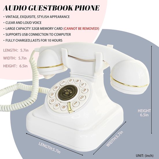 gastenboek bruiloft telefoon met one-touch weergave & instelbaar volume voor bruiloft, jubileum, verjaardagsfeesten, babyshower, wit met bord — afbeelding 3