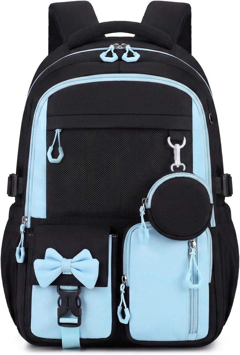 Schoolrugzak voor meisjes, schoolrugzak voor meisjes, 7-13 jaar, ergonomisch, waterdicht en licht, voor school, geschikt voor trolley, Zwart-Blauw, Rugzak
