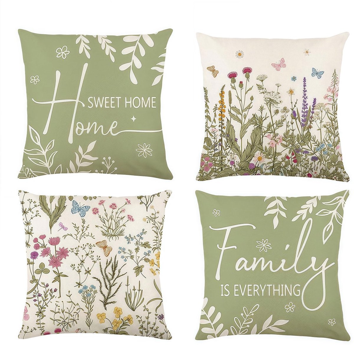 Omgoods - Set van 4 Kussenhoezen 45x45 cm in Saliegroen met Wilde Planten Design