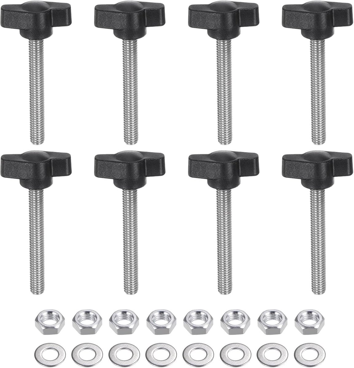 8 stuks T-handgrepen, M6 x 45 mm, metrisch, schroefdraadstift van roestvrij staal 304, 27 mm, Z/T, gekartelde kopschroeven, kunststof handgreep, spanknop met moeren sluitringen, zwart