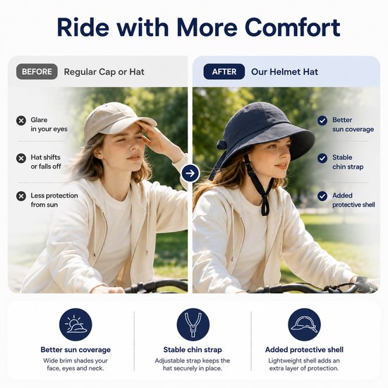 Trendy Fietshelm met Zonneklep - Fietshelm in Hoed Stijl voor Dames en Heren - Stijlvolle Veiligheidscap voor Woon-werkverkeer en Recreatieve Fietstochten - Zomer Marineblauw van trendy — afbeelding 4
