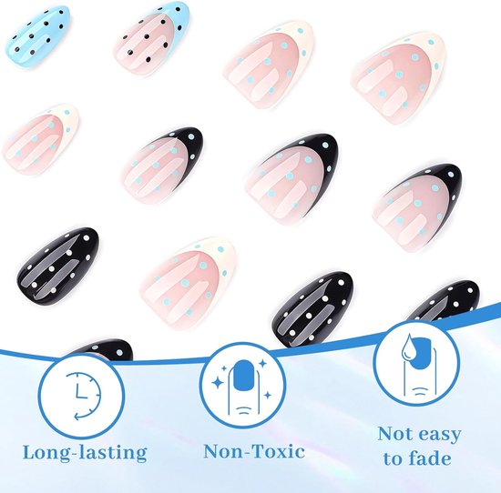 On Nails, 24 stuks amandelvormige nagels met Franse nagelontwerp, kunstnagels kort met polka dot — afbeelding 2
