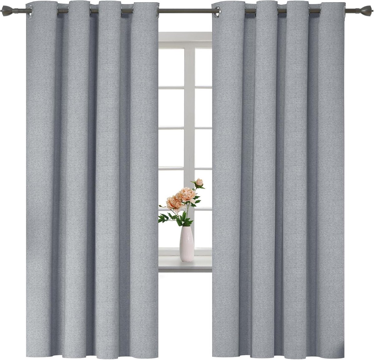 100% Verduisterend Linnen Effect Gordijnen Set Van 2, 140x175cm, Thermisch Isolerend Koud En Warm Gordijn Met Ringen, Thermogordijnen Voor Slaapkamer Woonkamer, Lichtgrijs
