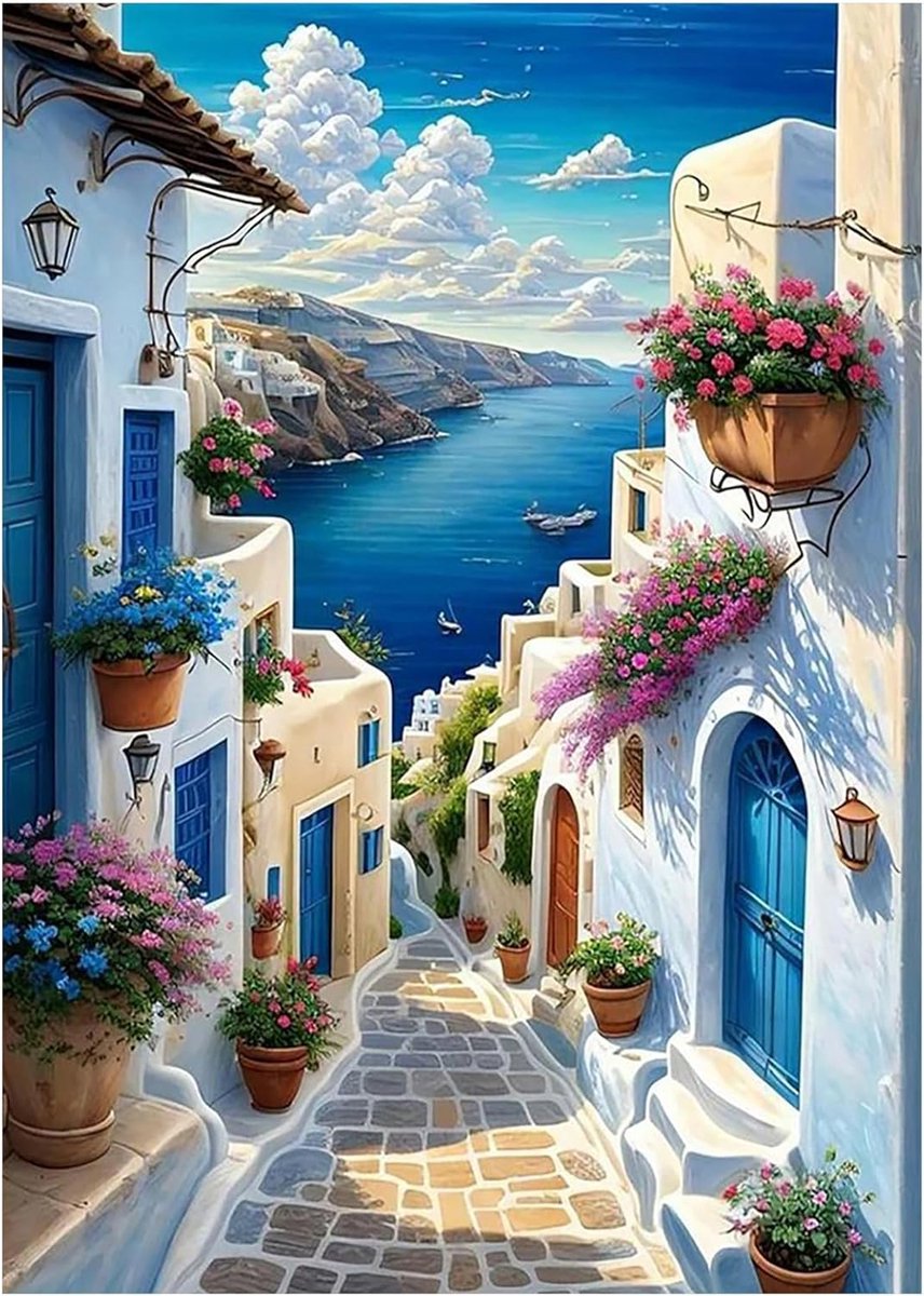 Diamantschilderij zeelandschap, 30 x 40 cm, Santorini huis aan zee, zuidstad, mozaïekkunst, borduurwerk, kruissteek