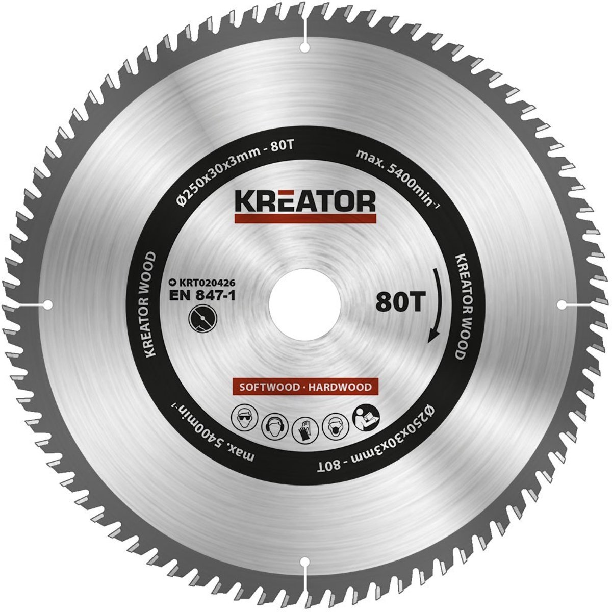 Kreator KRT020426 Zaagblad hout 250 mm -80T