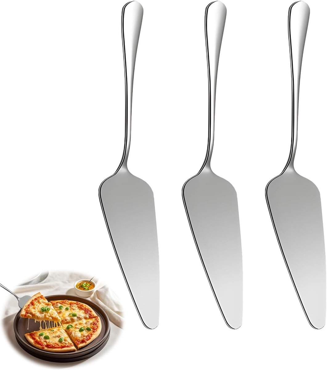 Set van 3 roestvrijstalen taartscheppen met gekartelde randen voor keukens en feesten, ideaal voor taarten, pizza en kaas