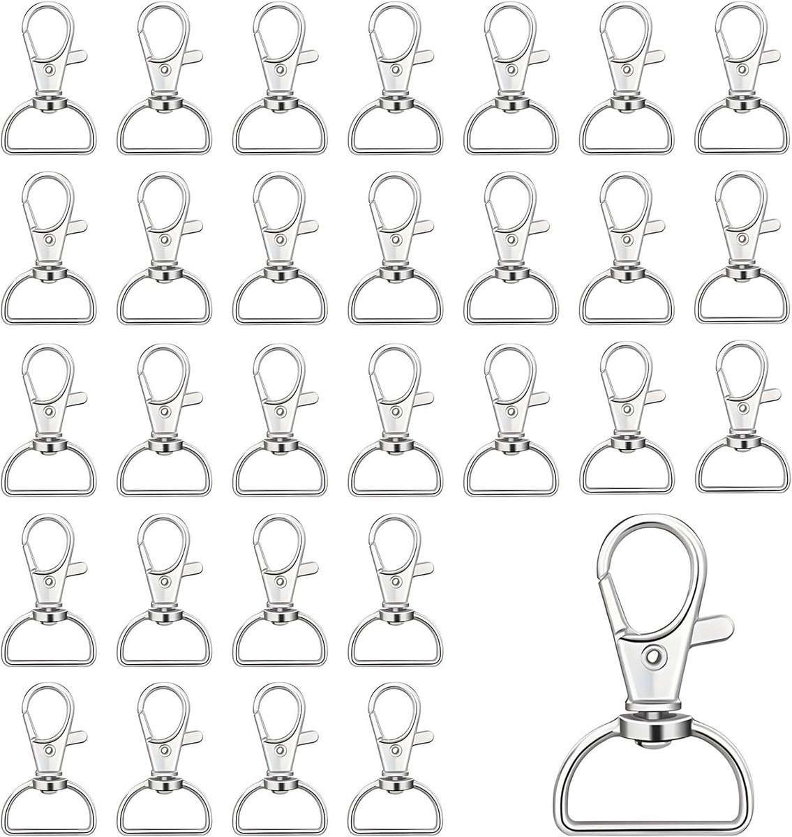 30 stuks 360 graden draaibare karabijnhaken, sleutelhangers met D-ring voor knutselen, macramé en DIY sieraden maken, zilveren kleur