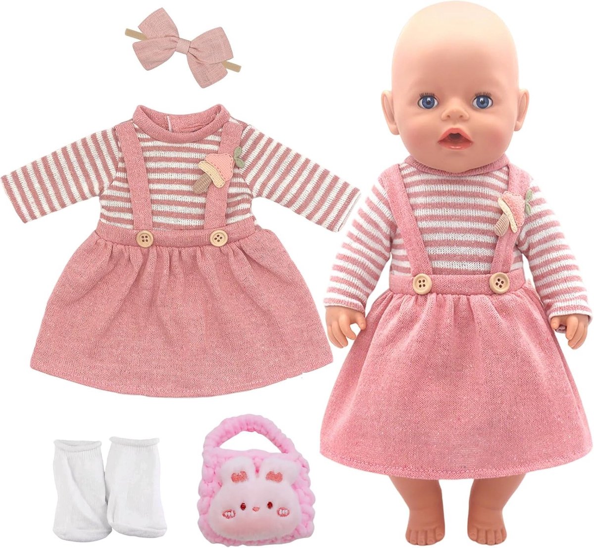 Schattige poppenkleding voor 35-45 cm babypoppen, inclusief jurkjes, haarband en sokken