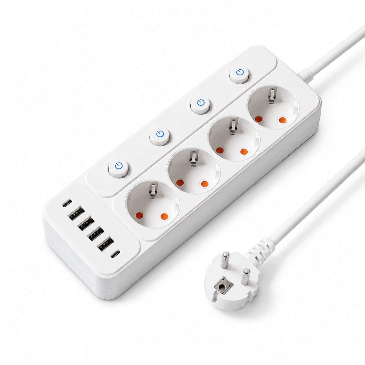 VHV - Stekkerdoos met USB-C - Stekkerblok met 4 Stopcontacten, 4 USB-A en 2 USB-C - Individuele Schakelaars - 1,8 m Kabel voor Bureau en Kantoor