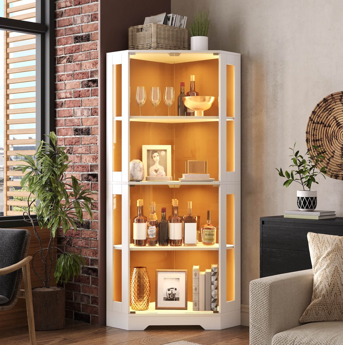 MIVRAY Keukenkast Hoogkast Met Led Verlichting En Stekkerpunt Glasvitrine Voor Keuken En Eetkamer Wit Mdf 40 X 40 X 165 Cm