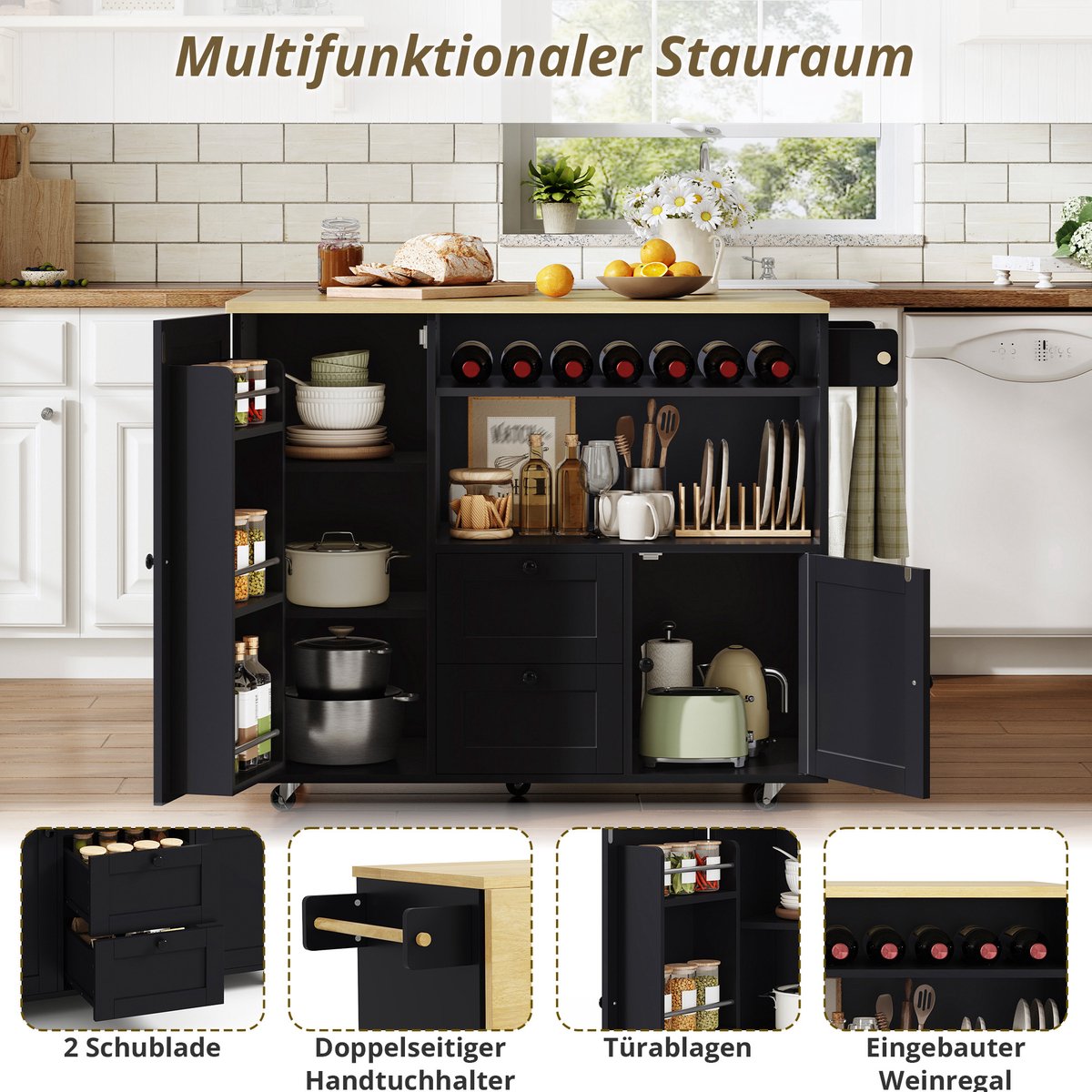 MIVRAY Keukenkast - Mobiel Keukeneiland Met Klapbaar Werkblad En 2 Lades - Voor Keuken En Eetruimte - MDF - Naturel Zwart - 104x69x89 Cm