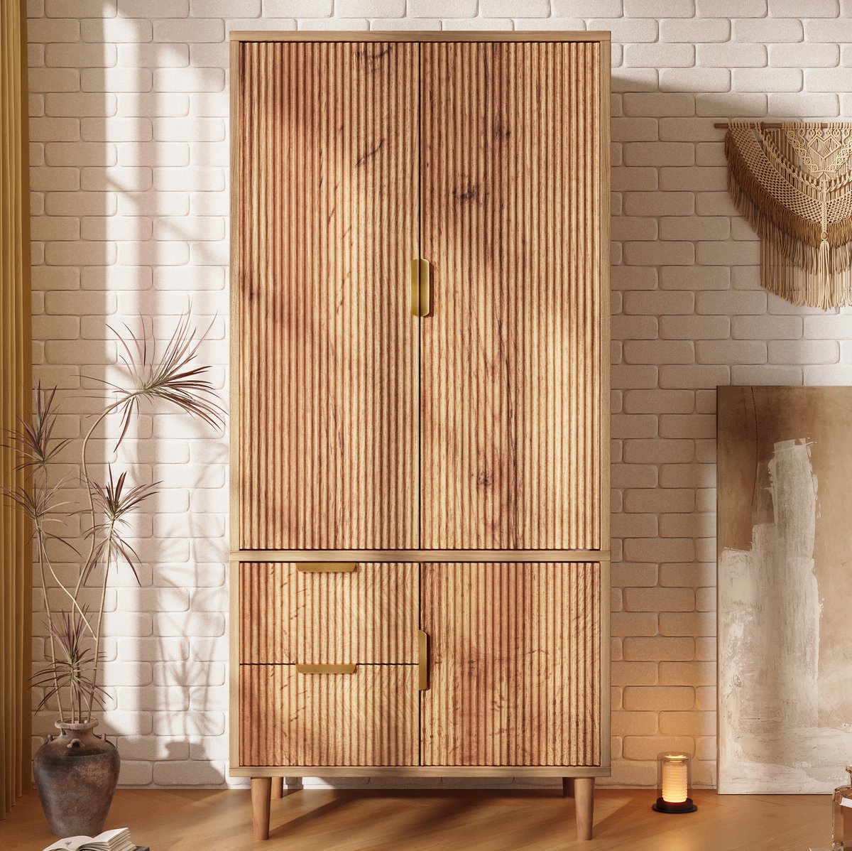 MIVRAY Kledingkast - Eikenlook Met 3D-Rillen En 3 Deuren En 2 Lades - Met Kleiderstang Voor Slaapkamer En Hal - Hout - 80x50x177 Cm