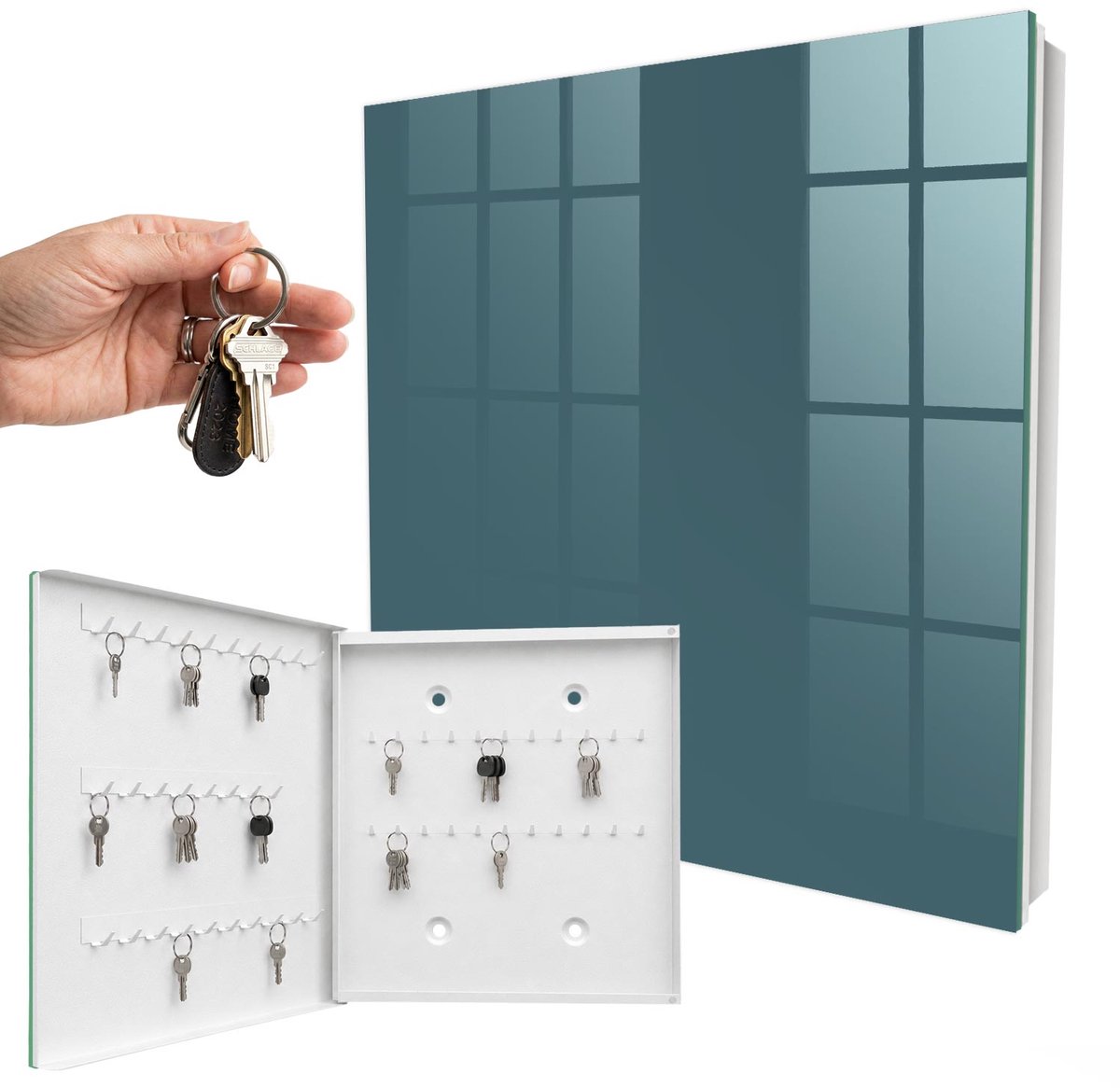 WallMuralia - Sleutelkast - 30x30x5 cm - met 50 haken - Doffe Turkoois Sleutelkastje Huis - Turkoois Sleutelbox - Linksopenend - Wit interieur