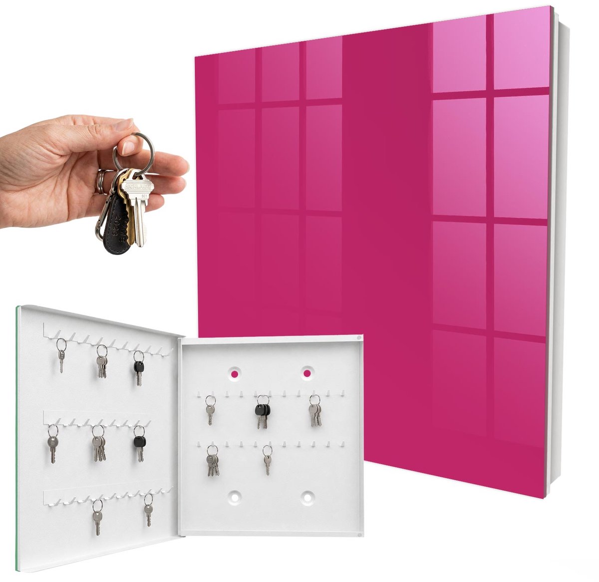 WallMuralia - Sleutelkast - 30x30x5 cm - met 50 haken - Intens Roze Leuk Sleutelkastje - Roze Sleutelbox - Linksopenend - Wit interieur